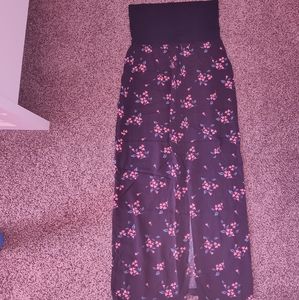 Tube top dress, black and floral, slit in skirt